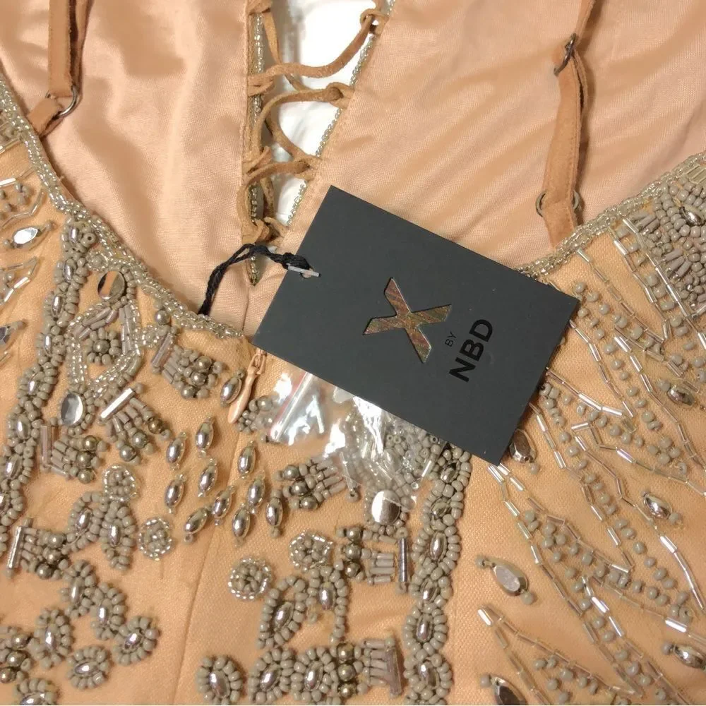 X by NBD Pandora Romper Champagne Allover Beading Plunging Lace Up Festival - Picture 10 of 15